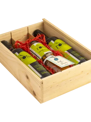 Lot caixa de fusta - 2 ampolles 0,75l d'oli d'oliva verge extra l'Olier+olives+mel