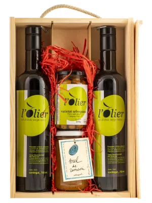 Lot caixa de fusta - 2 ampolles 0,75l d'oli d'oliva verge extra l'Olier+olives+mel