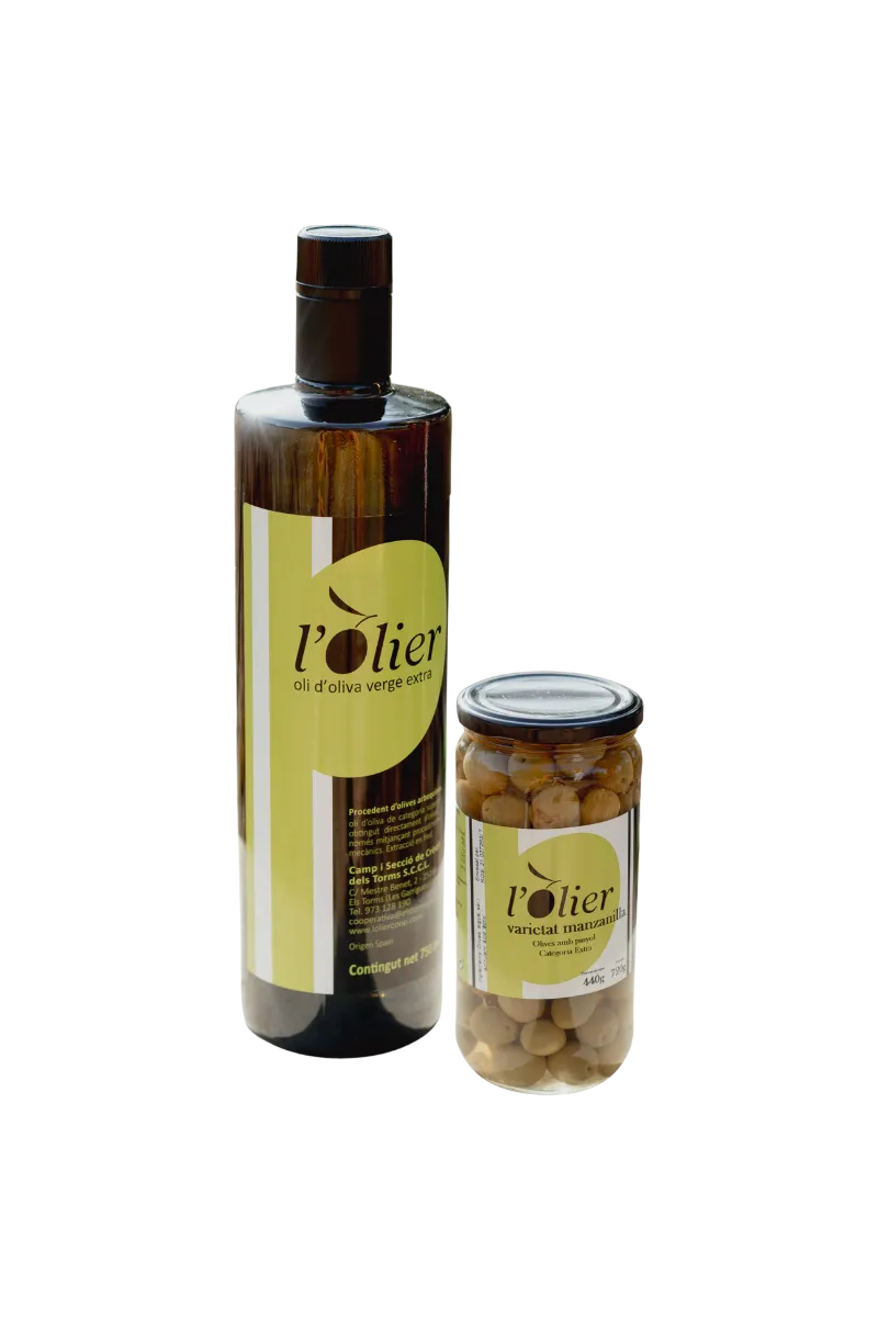 Lot ampolla 0,75l d'oli d'oliva verge extra d'Olier+ olives arbequines