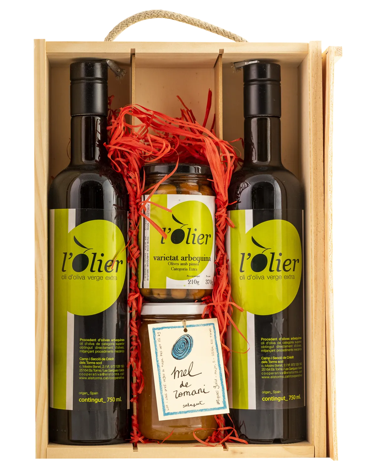 Lot caixa de fusta - 2 ampolles 0,75l d'oli d'oliva verge extra l'Olier+olives+mel