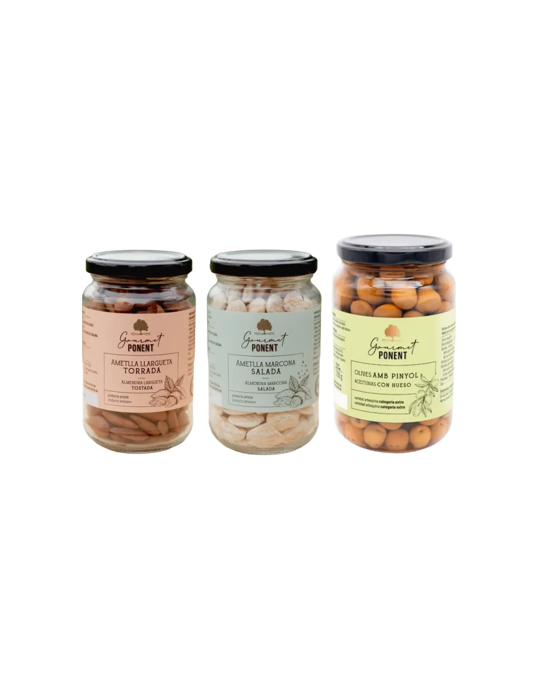 Pack Ametlla llargueta torrada 190 g + Ametlla marcona salada 190 g+ regal 1 pot oliva arbequina 220 g