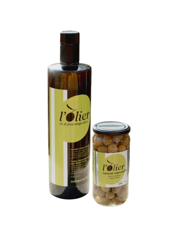 Producte Lot ampolla 0,75l d'oli d'oliva verge extra d'Olier+ olives arbequines Imatge