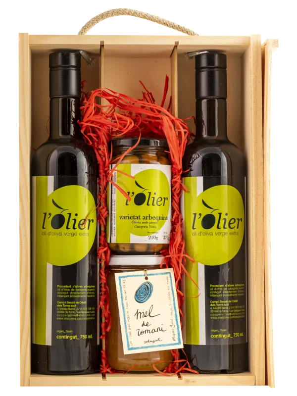 Producte Lot caixa de fusta - 2 ampolles 0,75l d'oli d'oliva verge extra l'Olier+olives+mel Imatge