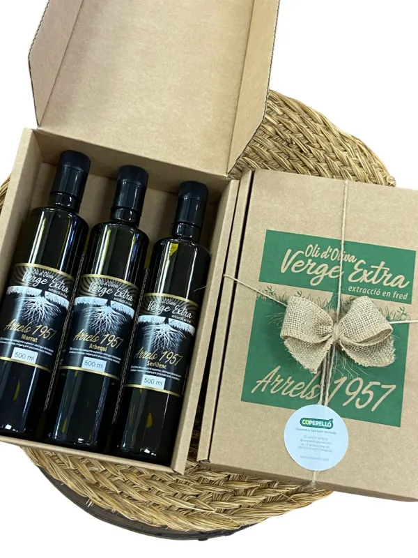 Producte Lot monovarietal Arrels 1957 Morrut, Sevillenc i Arbequí 1957 Coperelló 3 ampolles 500 ml Imatge
