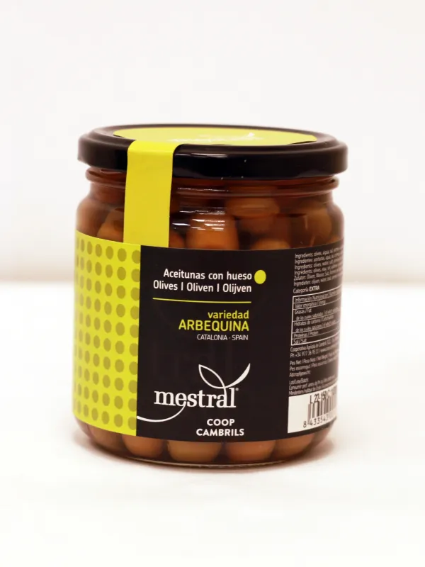 Producte Olives Arbequines Mestral 220 g. Imatge